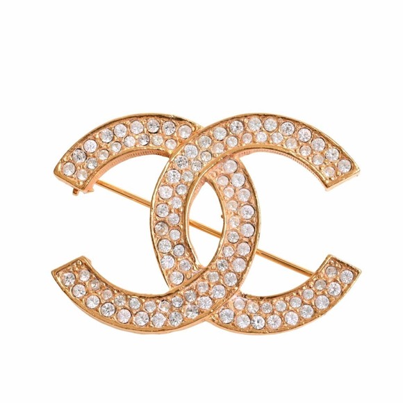 CHANEL COCO Mark Wreath Rhinestone Round Brooch Pin Accessories Champagne Gold